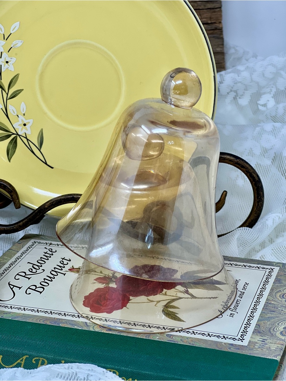 (2) Small Vintage Amber Glass Bell Cloche